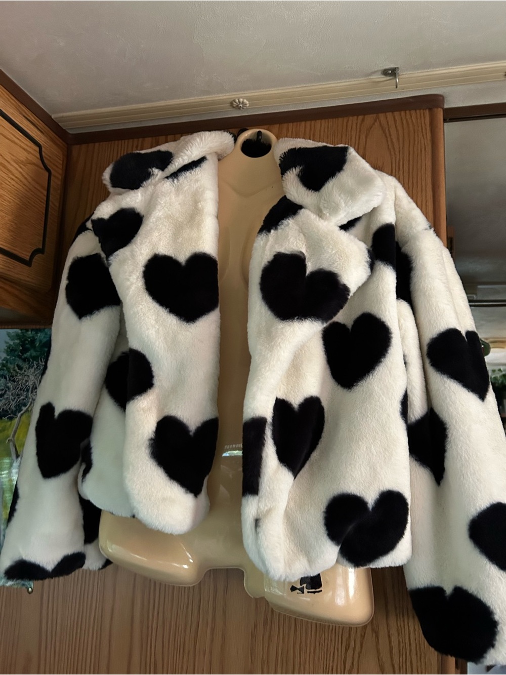 Stoosh Black & White Heart-Print Faux Fur Jacket